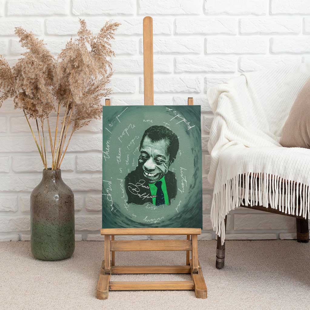 James Baldwin Canvas Wall Art Green Handwritten Script Design Smiling Portrait Civil Rights and Literature - African Pride