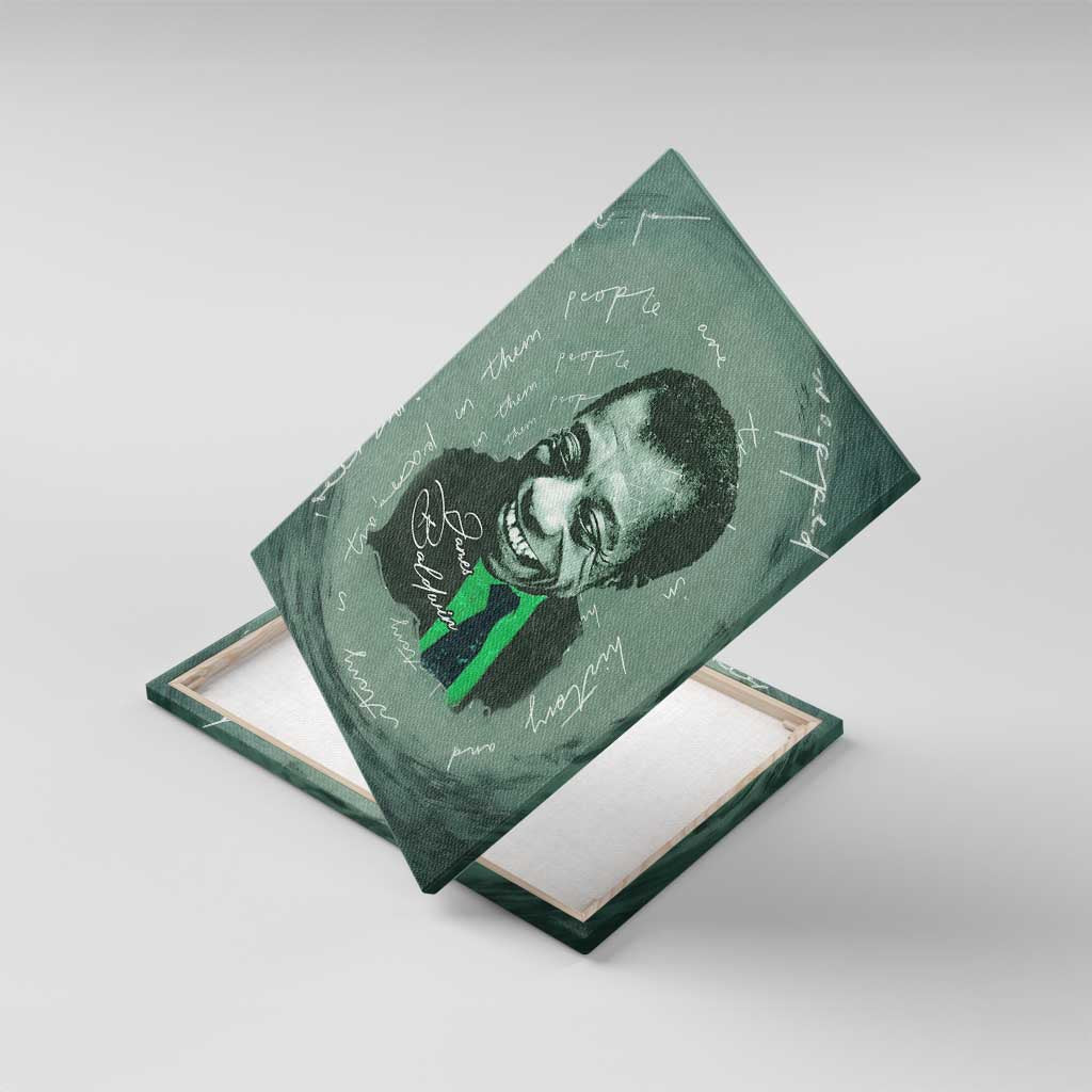James Baldwin Canvas Wall Art Green Handwritten Script Design Smiling Portrait Civil Rights and Literature - African Pride