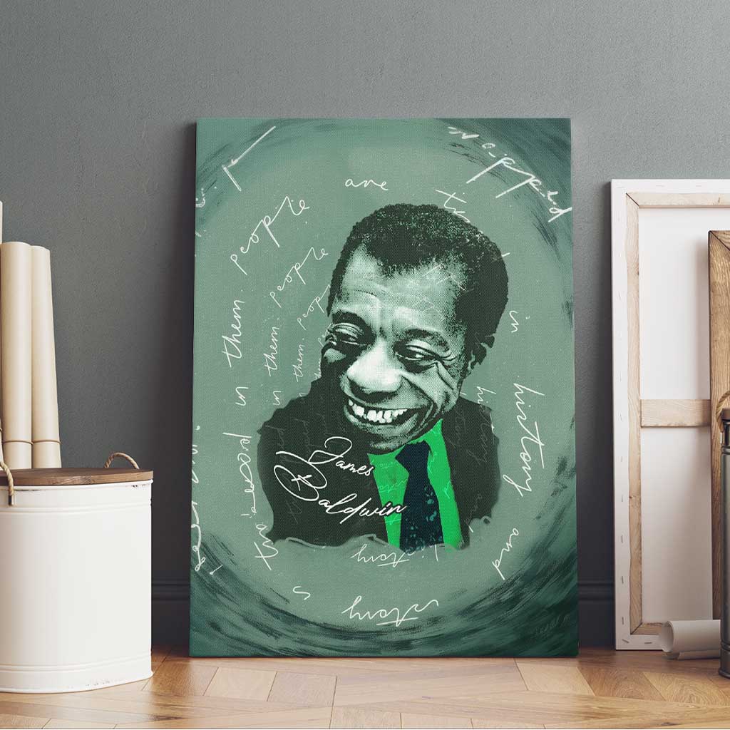 James Baldwin Canvas Wall Art Green Handwritten Script Design Smiling Portrait Civil Rights and Literature - African Pride