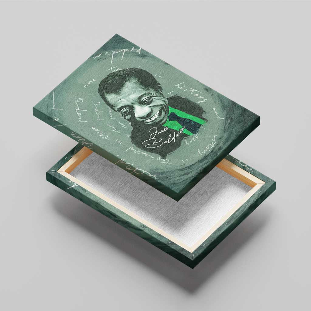 James Baldwin Canvas Wall Art Green Handwritten Script Design Smiling Portrait Civil Rights and Literature - African Pride