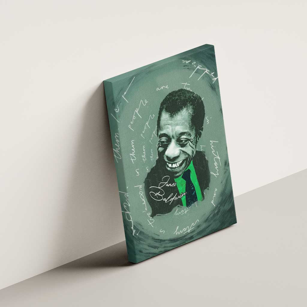 James Baldwin Canvas Wall Art Green Handwritten Script Design Smiling Portrait Civil Rights and Literature - African Pride