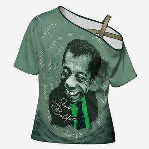 James Baldwin Cross Shoulder Shirt Green Handwritten Script Design Smiling Portrait Civil Rights and Literature - African Pride