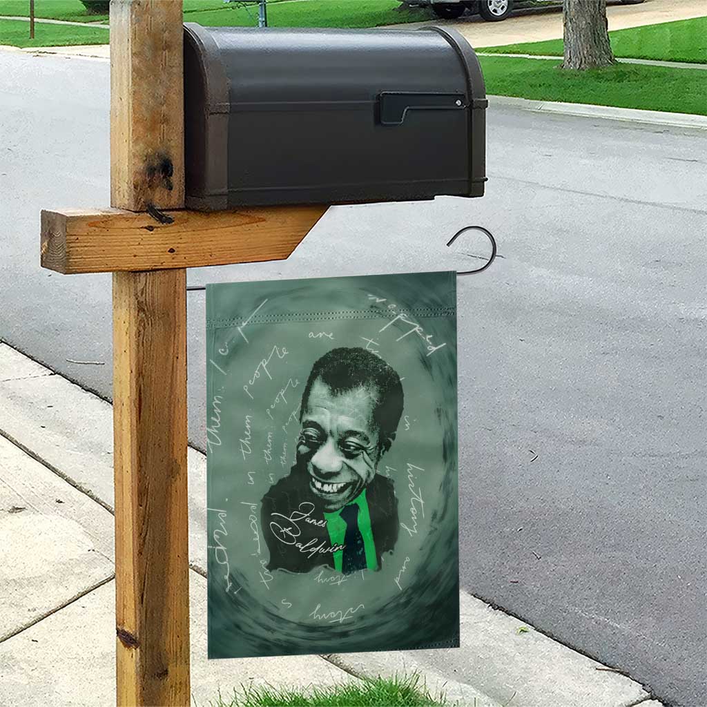 James Baldwin Garden Flag Green Handwritten Script Design Smiling Portrait Civil Rights and Literature - African Pride