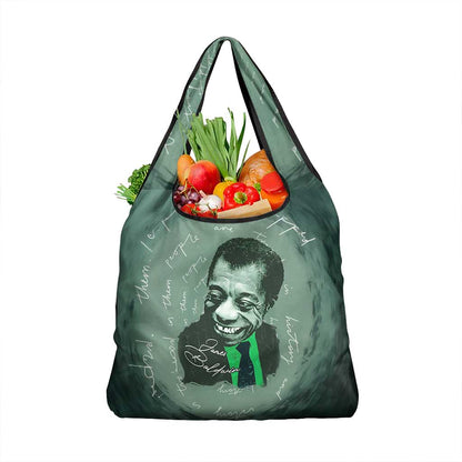 James Baldwin Grocery Bag Green Handwritten Script Design Smiling Portrait Civil Rights and Literature - African Pride