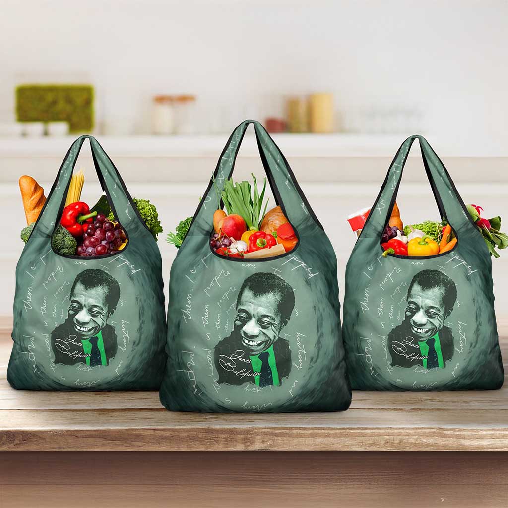 James Baldwin Grocery Bag Green Handwritten Script Design Smiling Portrait Civil Rights and Literature - African Pride