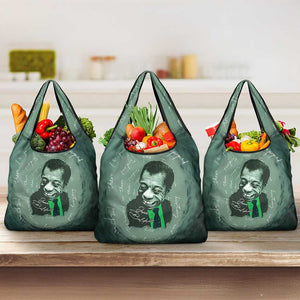 James Baldwin Grocery Bag Green Handwritten Script Design Smiling Portrait Civil Rights and Literature - African Pride
