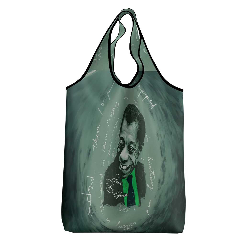 James Baldwin Grocery Bag Green Handwritten Script Design Smiling Portrait Civil Rights and Literature - African Pride