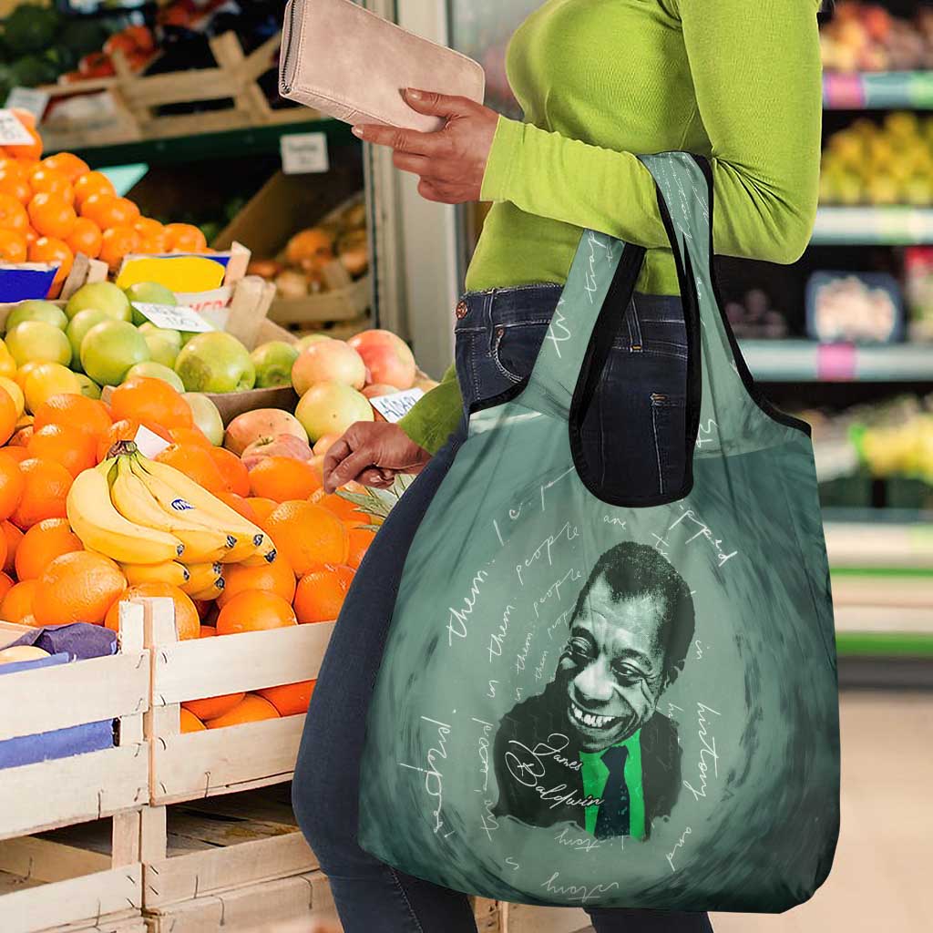 James Baldwin Grocery Bag Green Handwritten Script Design Smiling Portrait Civil Rights and Literature - African Pride