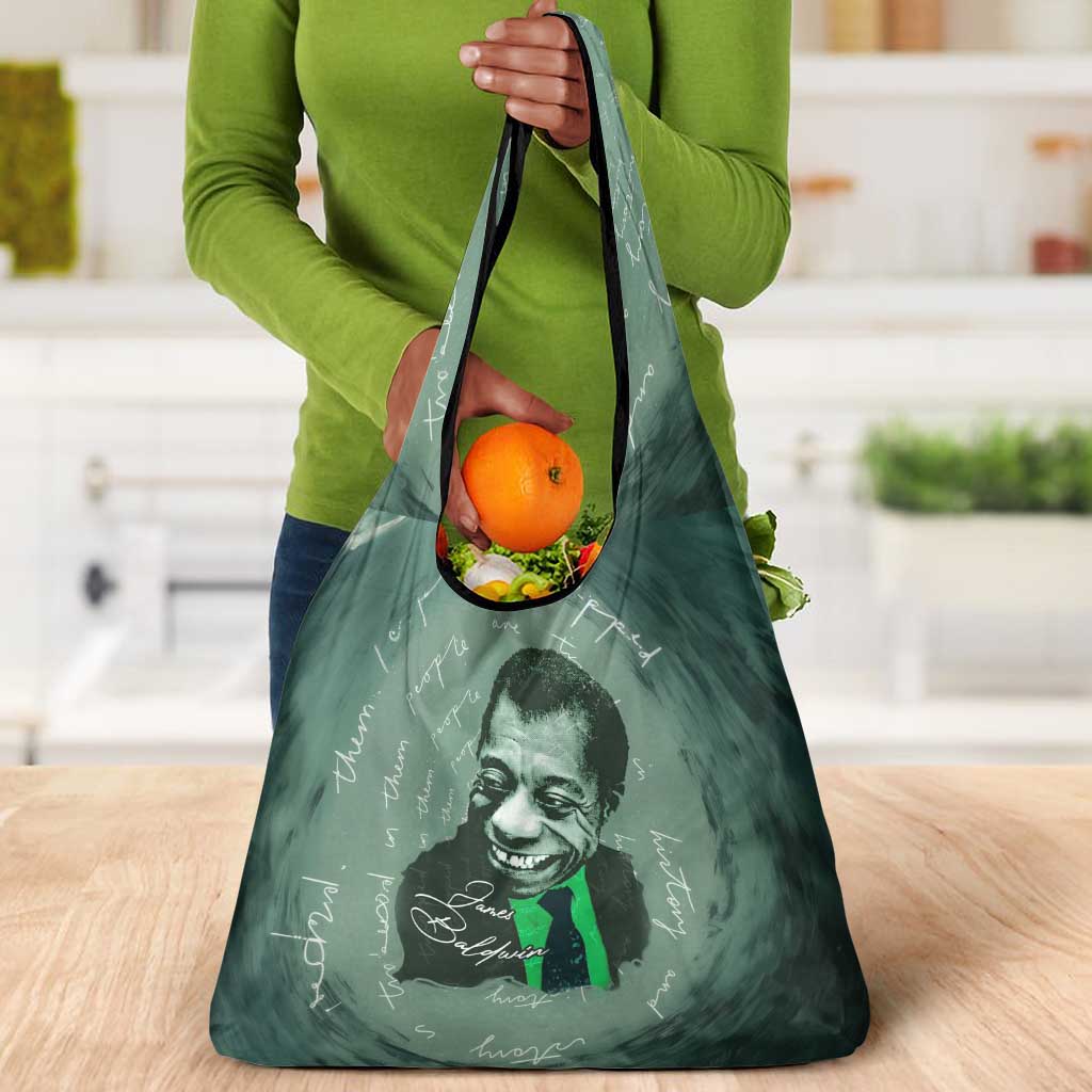 James Baldwin Grocery Bag Green Handwritten Script Design Smiling Portrait Civil Rights and Literature - African Pride