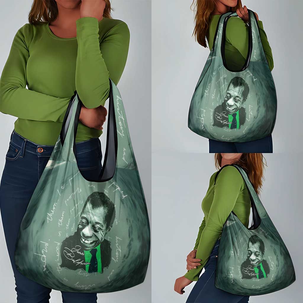 James Baldwin Grocery Bag Green Handwritten Script Design Smiling Portrait Civil Rights and Literature - African Pride