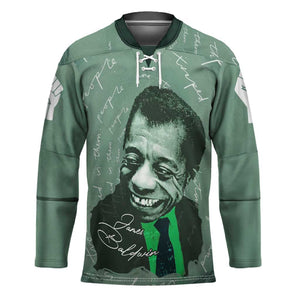 James Baldwin Hockey Jersey Green Handwritten Script Design Smiling Portrait Civil Rights and Literature - African Pride