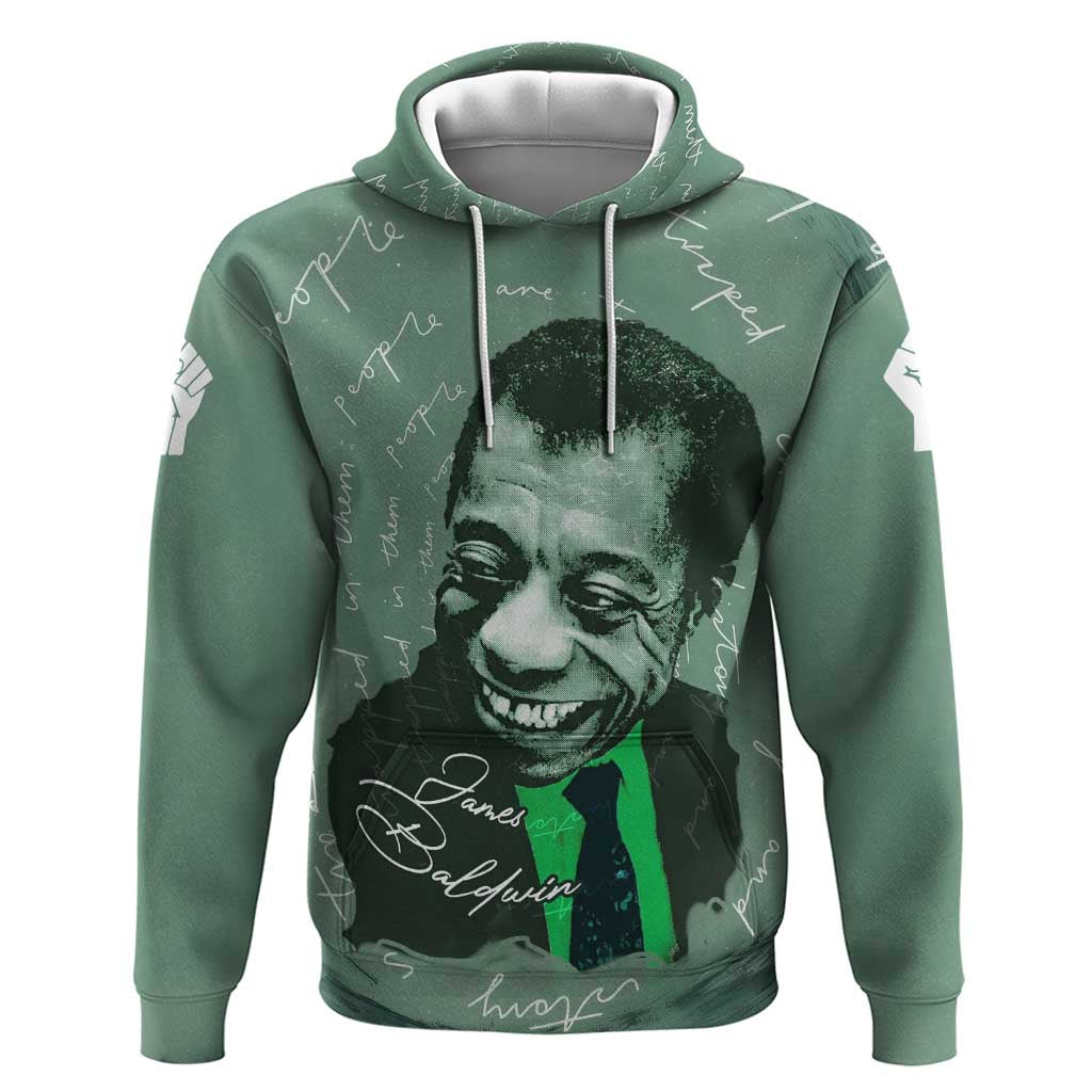 James Baldwin Hoodie Green Handwritten Script Design Smiling Portrait Civil Rights and Literature - African Pride