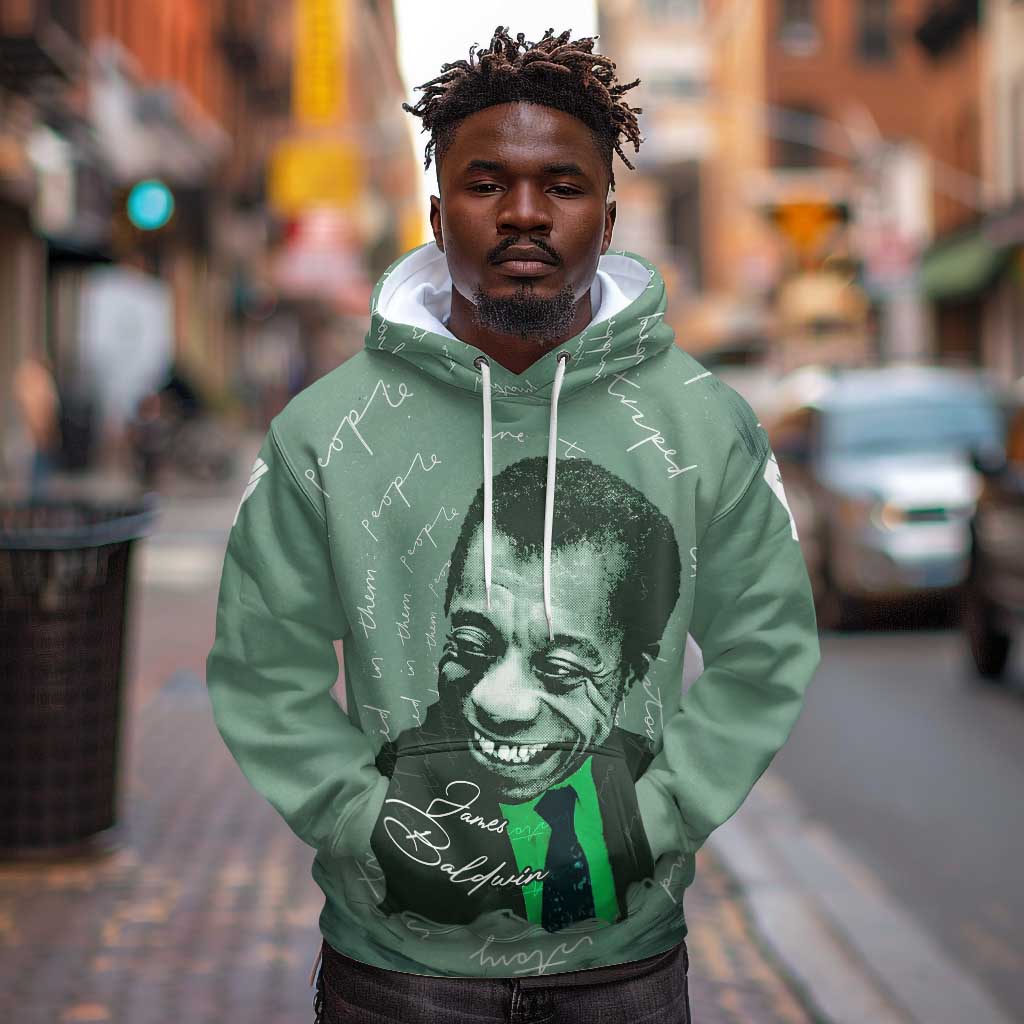 James Baldwin Hoodie Green Handwritten Script Design Smiling Portrait Civil Rights and Literature - African Pride