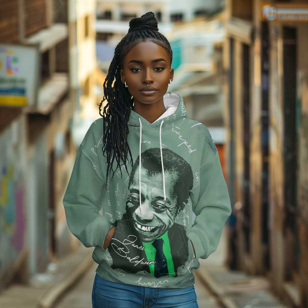 James Baldwin Hoodie Green Handwritten Script Design Smiling Portrait Civil Rights and Literature - African Pride