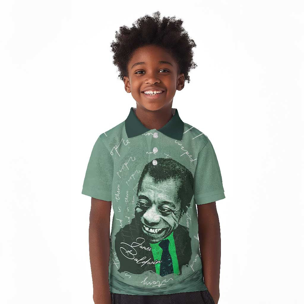 James Baldwin Kid Polo Shirt Green Handwritten Script Design Smiling Portrait Civil Rights and Literature TS04