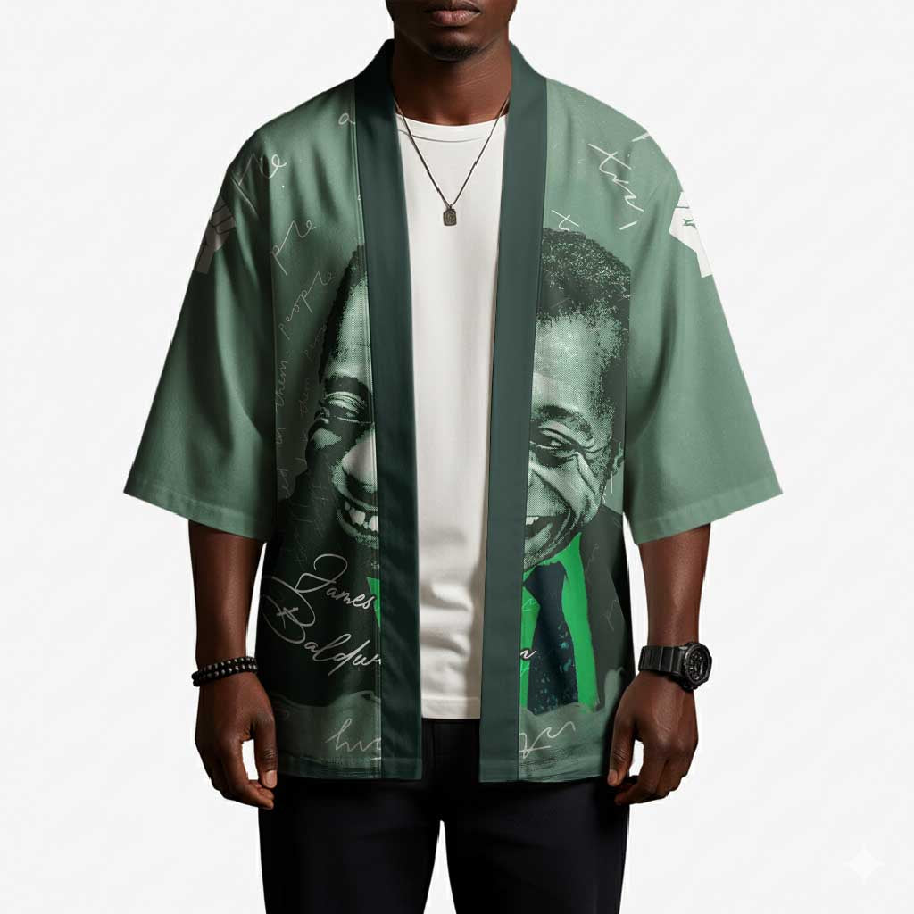 James Baldwin Kimono Green Handwritten Script Design Smiling Portrait Civil Rights and Literature - African Pride