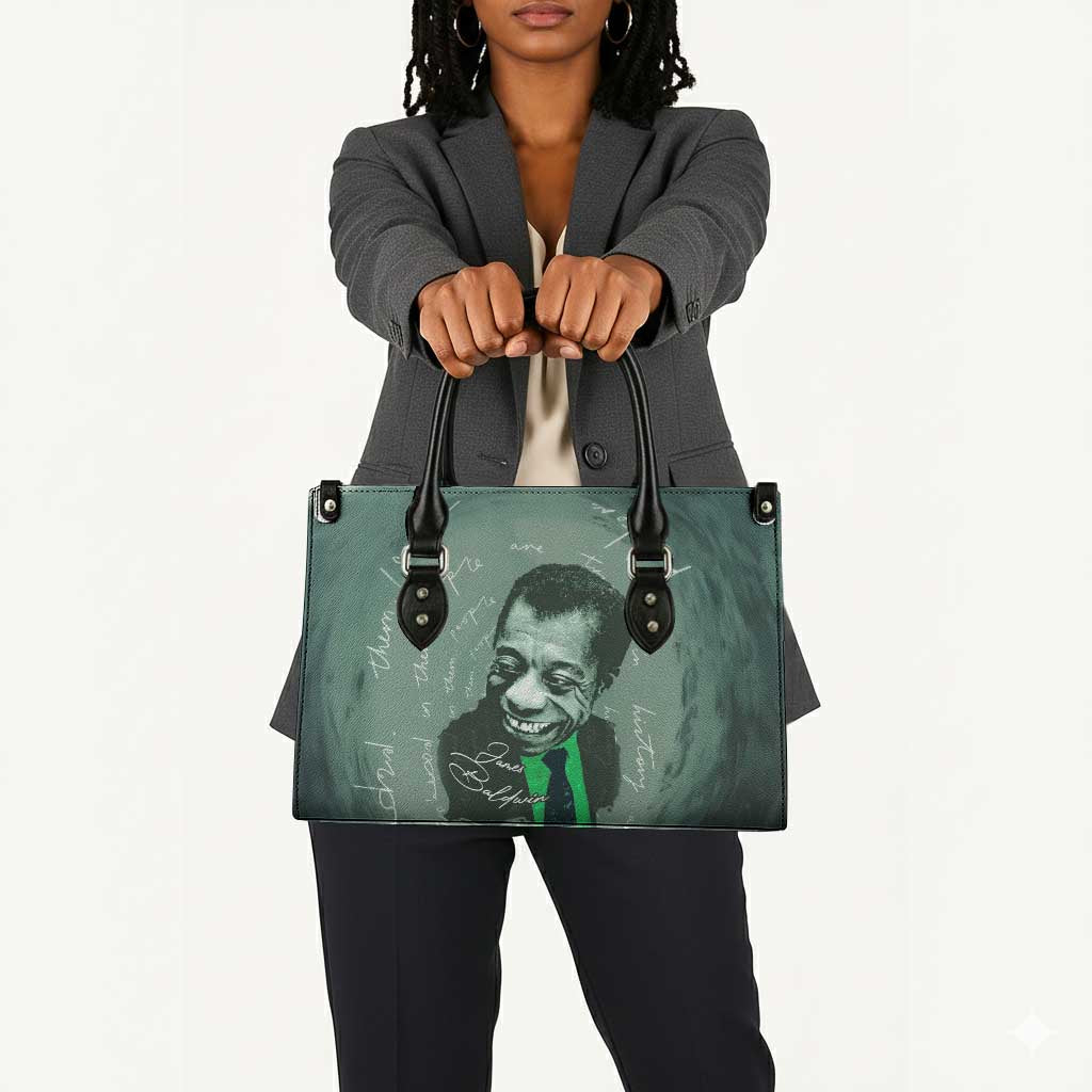 James Baldwin Leather Bag Green Handwritten Script Design Smiling Portrait Civil Rights and Literature - African Pride