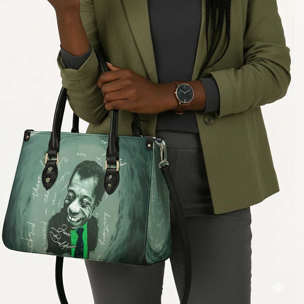 James Baldwin Leather Bag Green Handwritten Script Design Smiling Portrait Civil Rights and Literature - African Pride