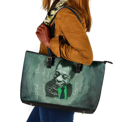 James Baldwin Leather Tote Bag Green Handwritten Script Design Smiling Portrait Civil Rights and Literature - African Pride