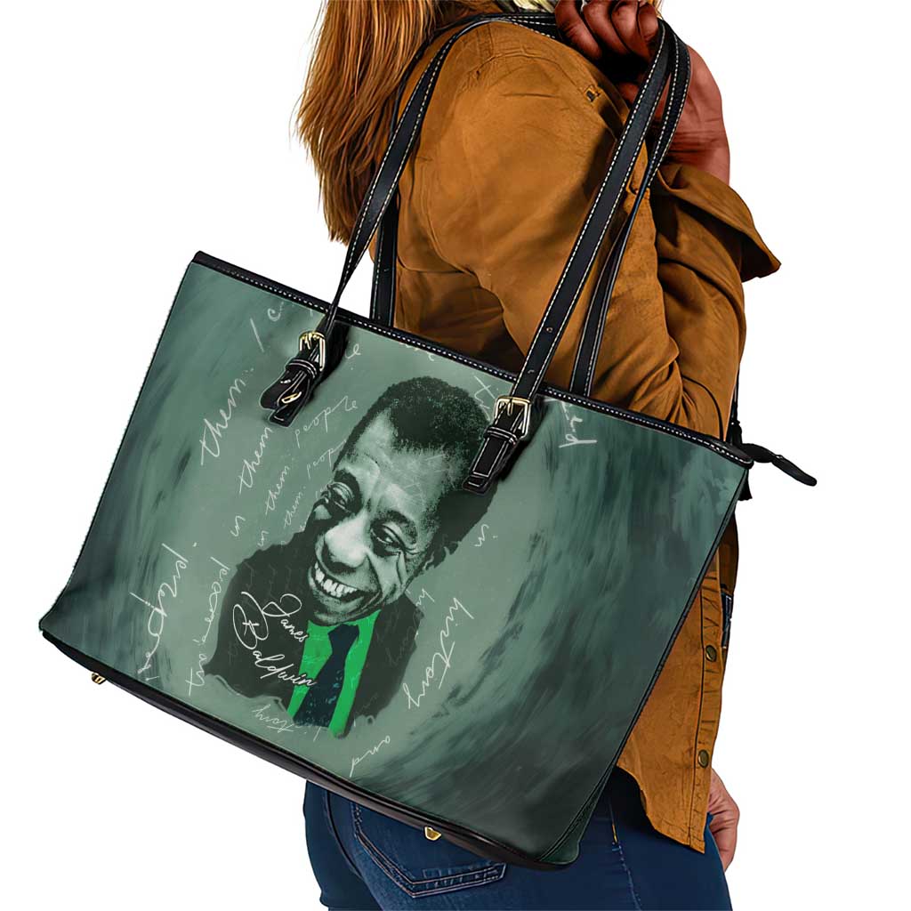 James Baldwin Leather Tote Bag Green Handwritten Script Design Smiling Portrait Civil Rights and Literature - African Pride
