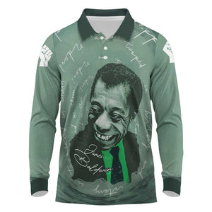 James Baldwin Long Sleeve Polo Shirt Green Handwritten Script Design Smiling Portrait Civil Rights and Literature - African Pride