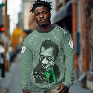 James Baldwin Long Sleeve Shirt Green Handwritten Script Design Smiling Portrait Civil Rights and Literature - African Pride