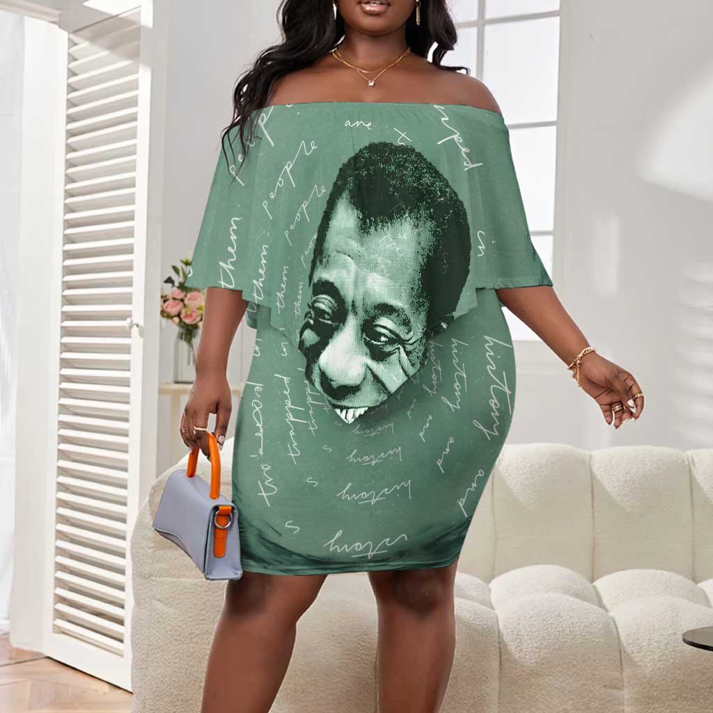 James Baldwin Off Shoulder Short Dress Green Handwritten Script Design Smiling Portrait Civil Rights and Literature - African Pride
