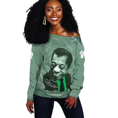James Baldwin Off Shoulder Sweater Green Handwritten Script Design Smiling Portrait Civil Rights and Literature - African Pride