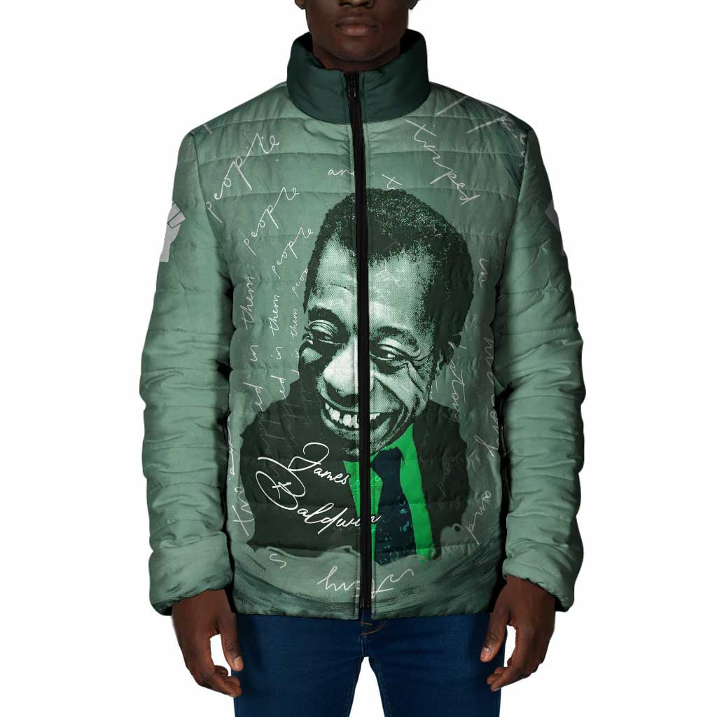 James Baldwin Padded Jacket Green Handwritten Script Design Smiling Portrait Civil Rights and Literature - African Pride