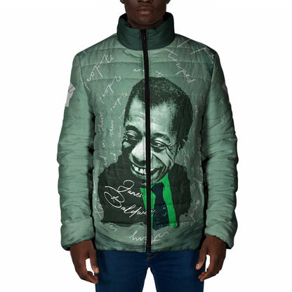 James Baldwin Padded Jacket Green Handwritten Script Design Smiling Portrait Civil Rights and Literature - African Pride