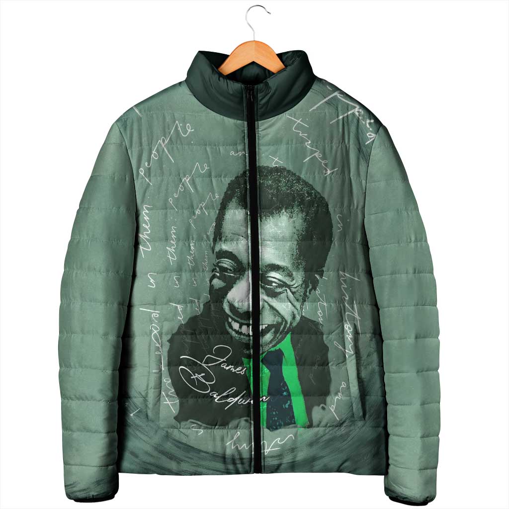 James Baldwin Padded Jacket Green Handwritten Script Design Smiling Portrait Civil Rights and Literature - African Pride