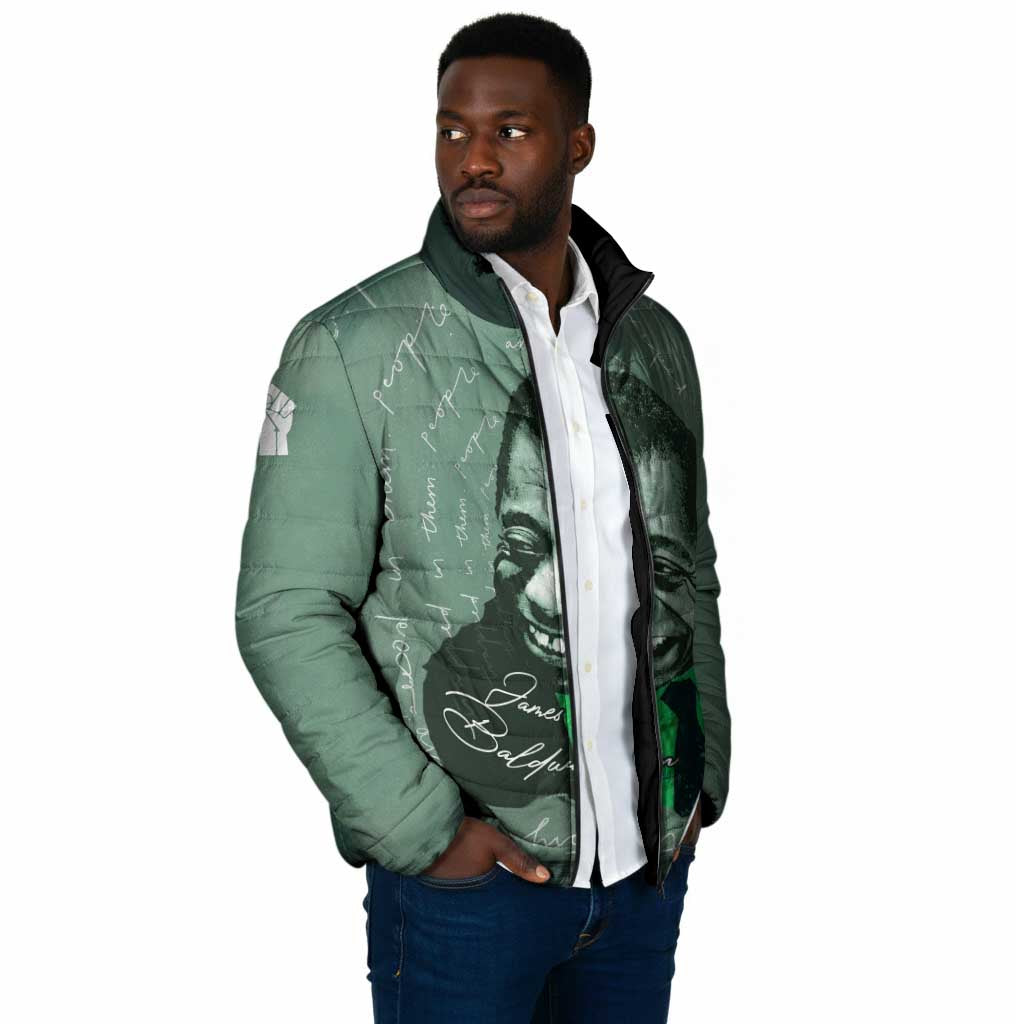 James Baldwin Padded Jacket Green Handwritten Script Design Smiling Portrait Civil Rights and Literature - African Pride