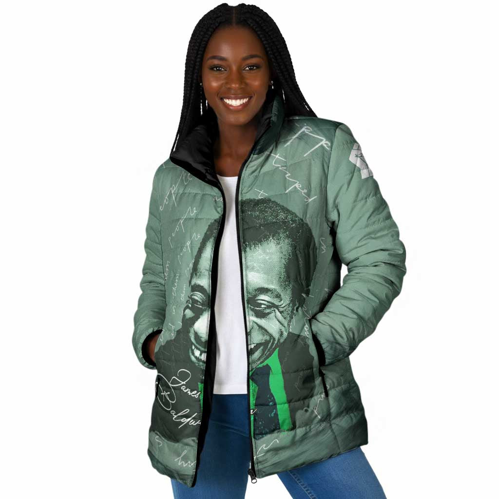 James Baldwin Padded Jacket Green Handwritten Script Design Smiling Portrait Civil Rights and Literature - African Pride