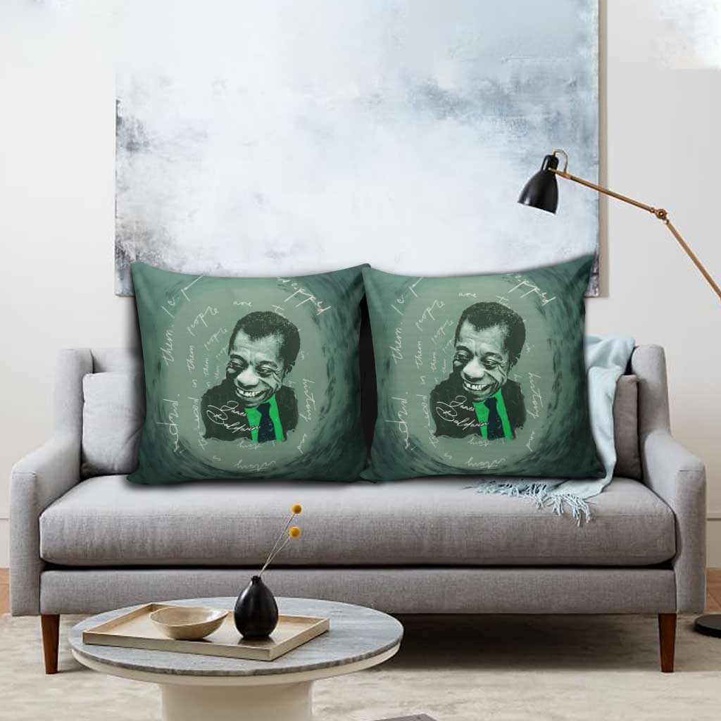 James Baldwin Pillow Cover Green Handwritten Script Design Smiling Portrait Civil Rights and Literature - African Pride