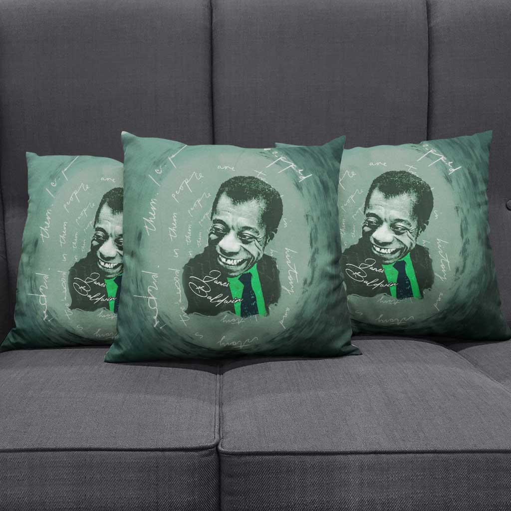 James Baldwin Pillow Cover Green Handwritten Script Design Smiling Portrait Civil Rights and Literature - African Pride