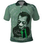 James Baldwin Polo Shirt Green Handwritten Script Design Smiling Portrait Civil Rights and Literature TS04