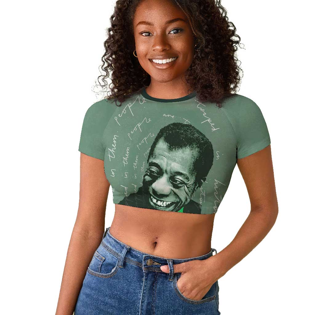 James Baldwin Raglan Cropped T shirt Green Handwritten Script Design Smiling Portrait Civil Rights and Literature TS04