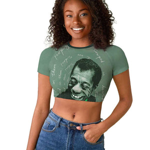 James Baldwin Raglan Cropped T shirt Green Handwritten Script Design Smiling Portrait Civil Rights and Literature TS04
