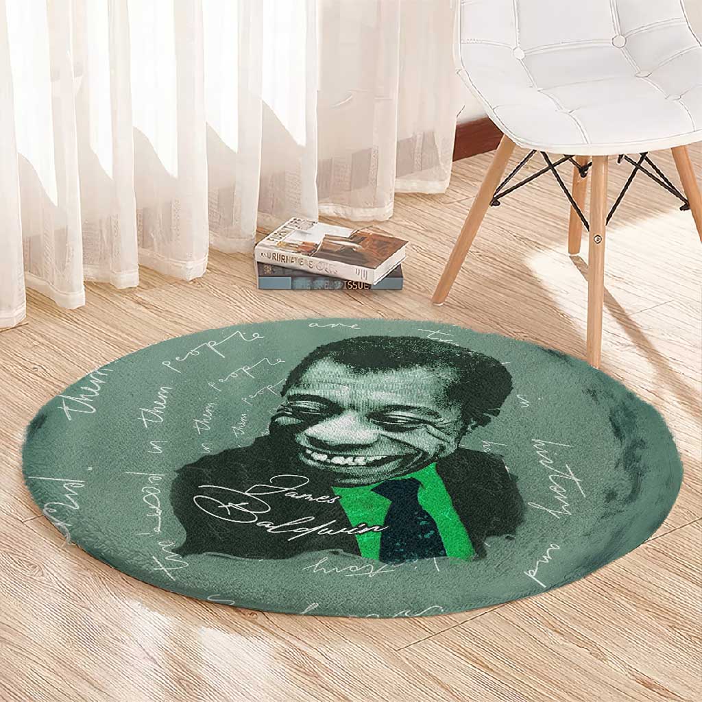 James Baldwin Round Carpet Green Handwritten Script Design Smiling Portrait Civil Rights and Literature - African Pride