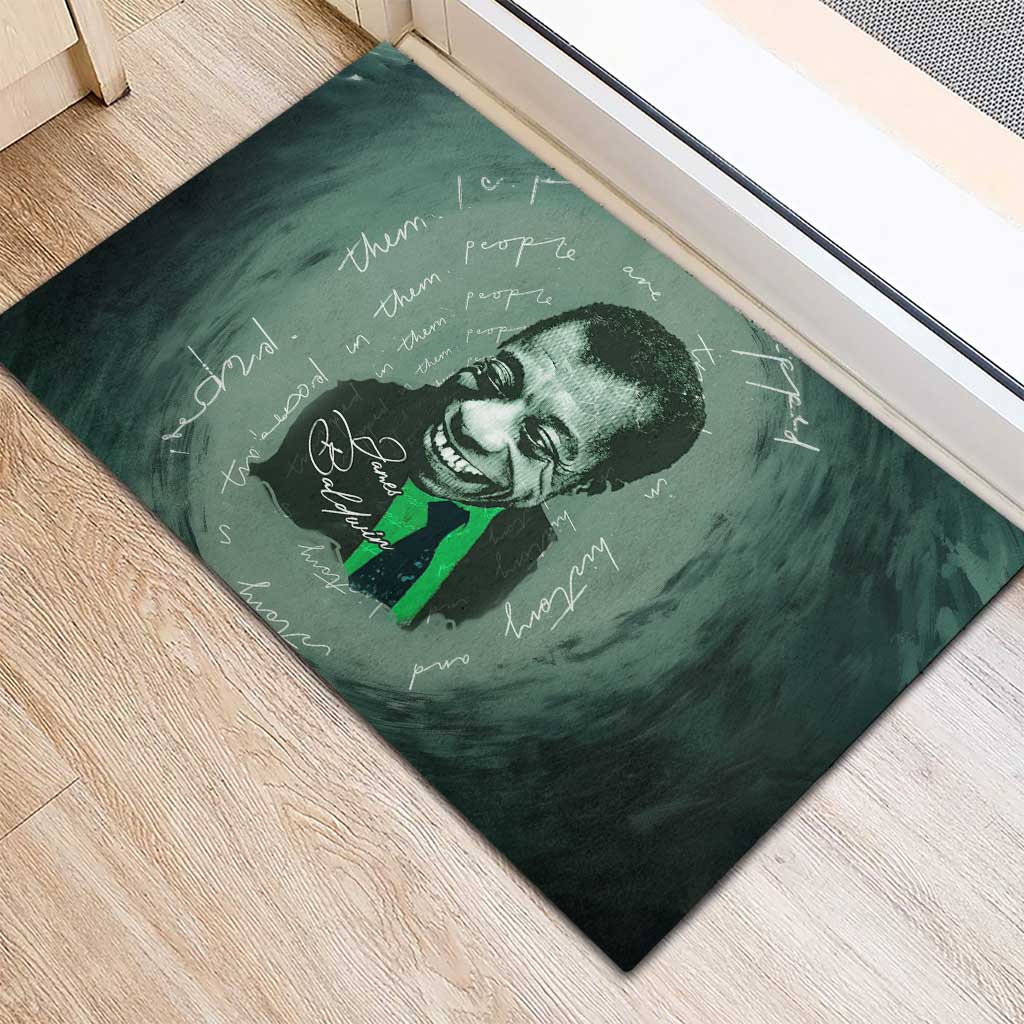 James Baldwin Rubber Doormat Green Handwritten Script Design Smiling Portrait Civil Rights and Literature - African Pride