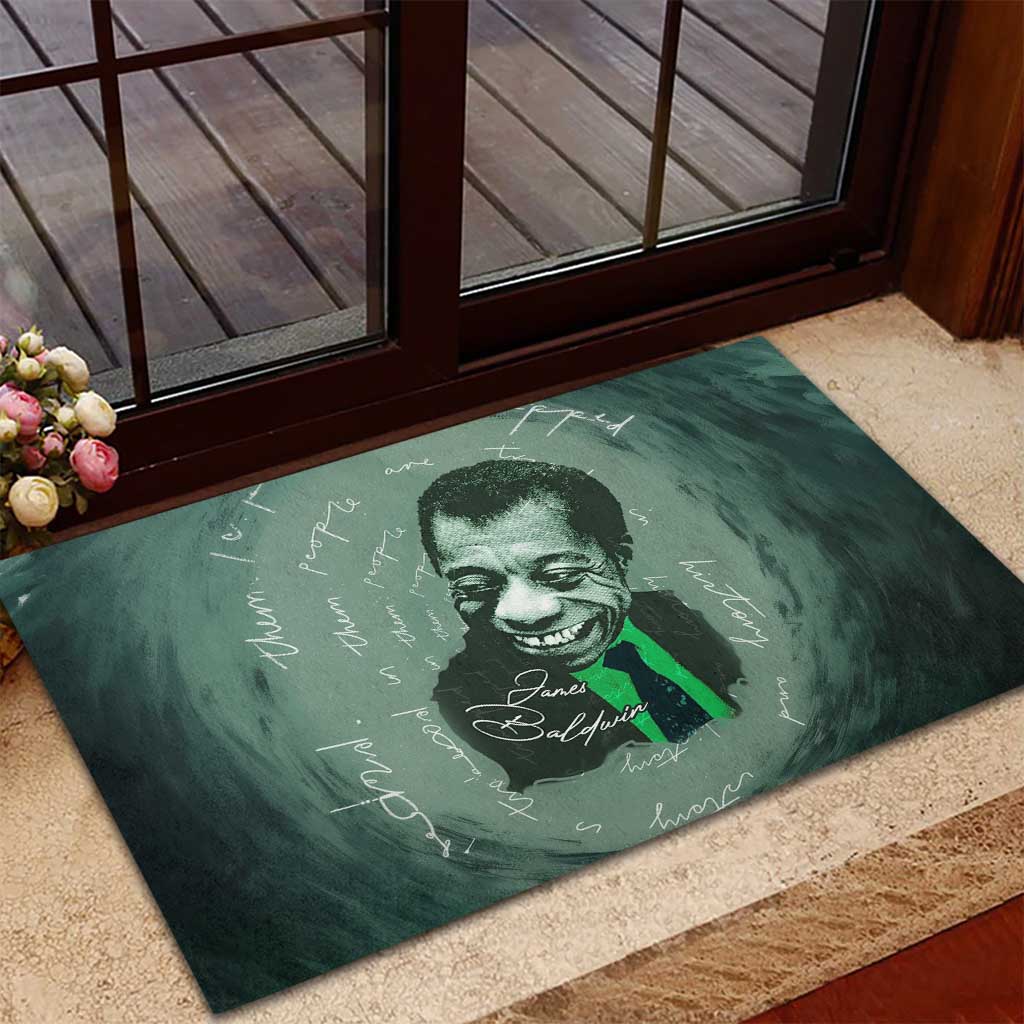 James Baldwin Rubber Doormat Green Handwritten Script Design Smiling Portrait Civil Rights and Literature - African Pride