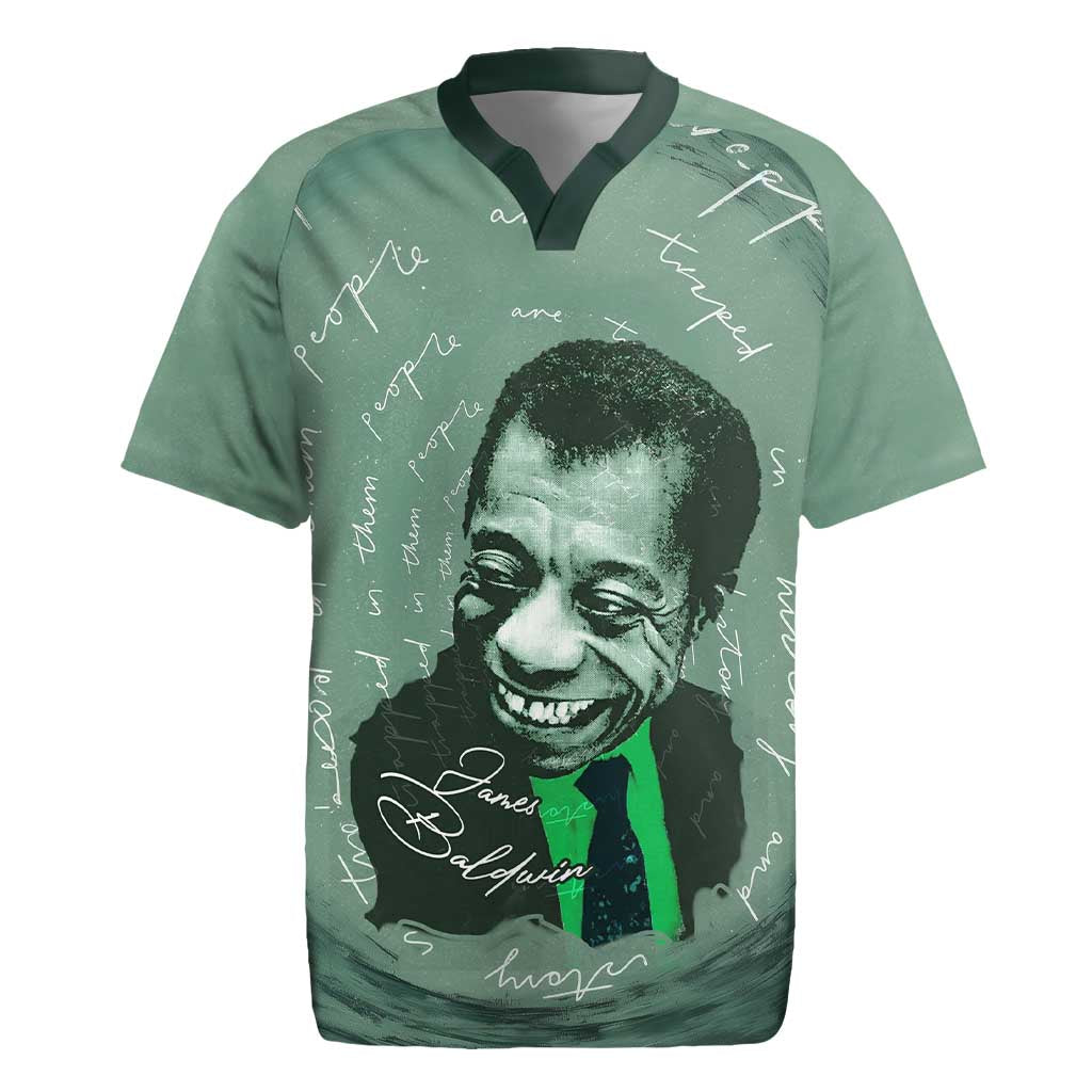 James Baldwin Rugby Jersey Green Handwritten Script Design Smiling Portrait Civil Rights and Literature TS04