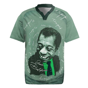James Baldwin Rugby Jersey Green Handwritten Script Design Smiling Portrait Civil Rights and Literature TS04
