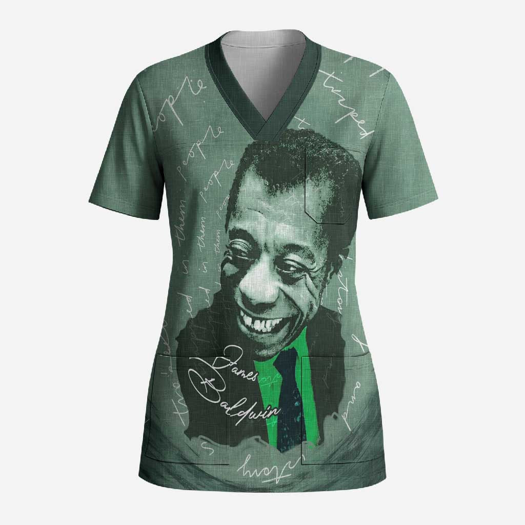James Baldwin Scrub Top Green Handwritten Script Design Smiling Portrait Civil Rights and Literature - African Pride