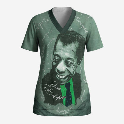 James Baldwin Scrub Top Green Handwritten Script Design Smiling Portrait Civil Rights and Literature - African Pride
