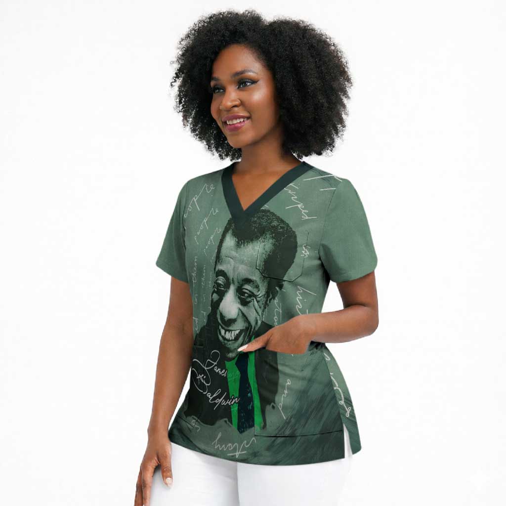 James Baldwin Scrub Top Green Handwritten Script Design Smiling Portrait Civil Rights and Literature - African Pride
