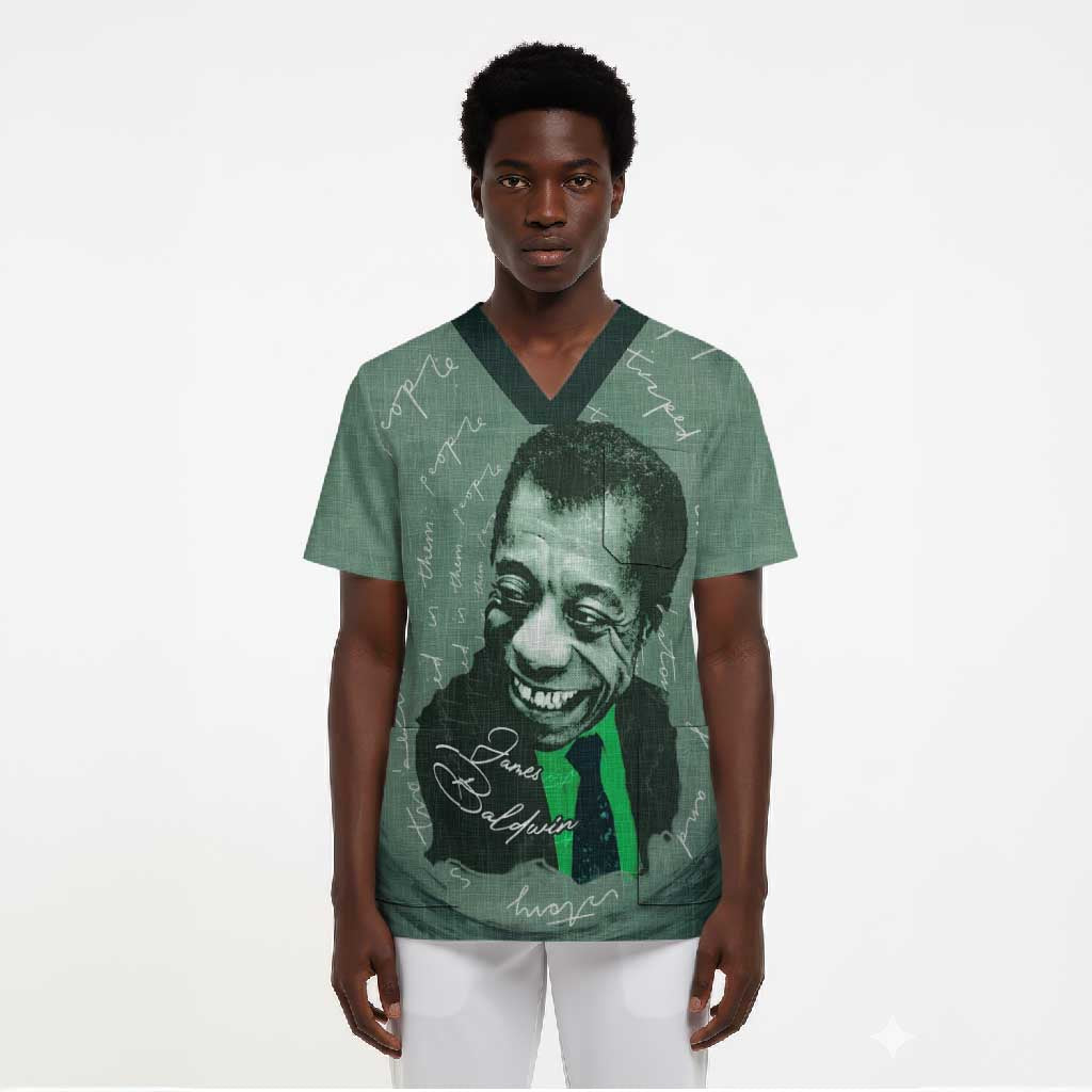 James Baldwin Scrub Top Green Handwritten Script Design Smiling Portrait Civil Rights and Literature - African Pride