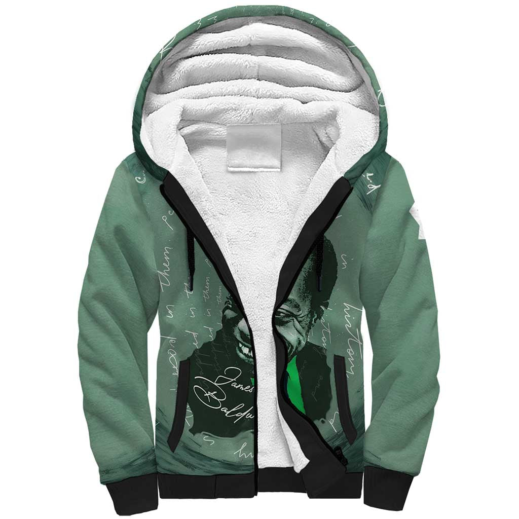 James Baldwin Sherpa Hoodie Green Handwritten Script Design Smiling Portrait Civil Rights and Literature - African Pride