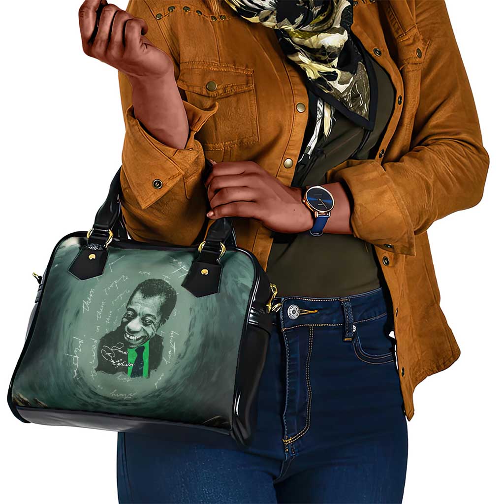 James Baldwin Shoulder Handbag Green Handwritten Script Design Smiling Portrait Civil Rights and Literature - African Pride