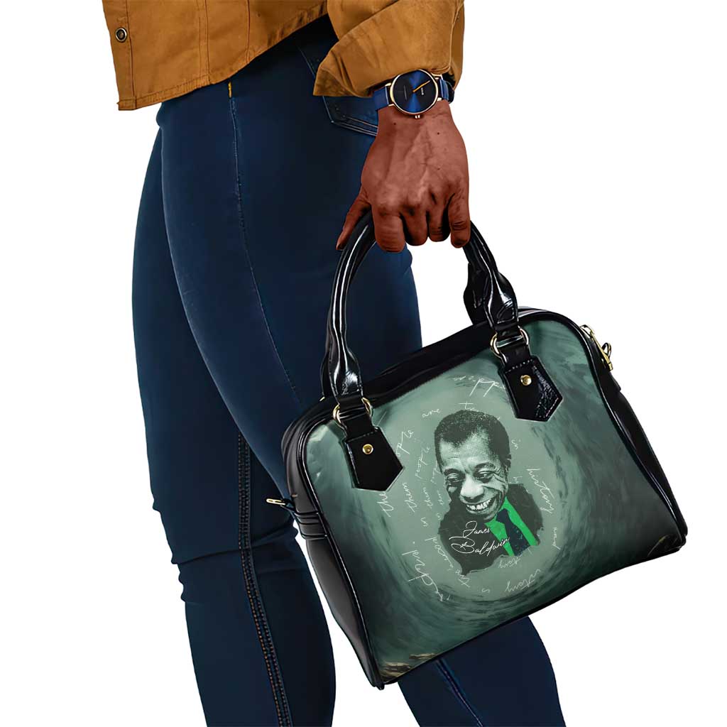 James Baldwin Shoulder Handbag Green Handwritten Script Design Smiling Portrait Civil Rights and Literature - African Pride